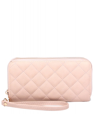 Quilted Double Zip Around Wallet Wristlet QW0012  NUDE